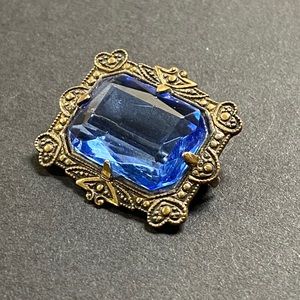 Vintage Brass Royal Blue Emerald Cut Stone Brooch